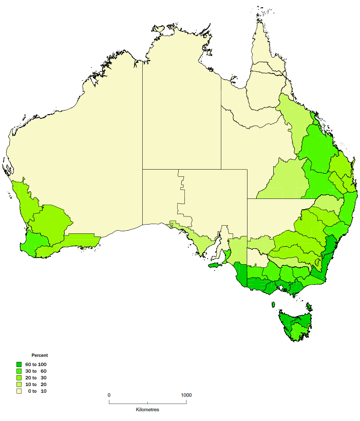 Map: Percentage of agricultural land reported as improved pasture for grazing, by NRM