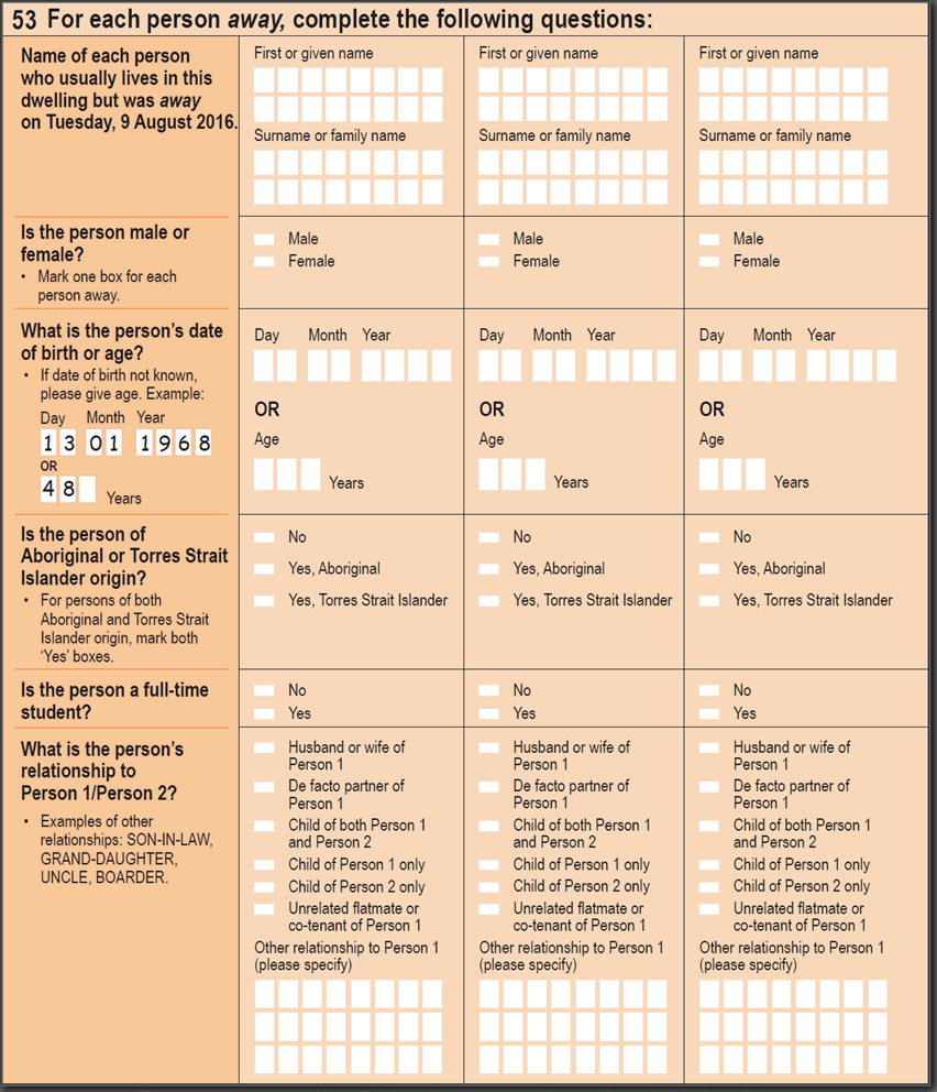 2016 Household Paper Form - Question 53. For each person away, complete the following questions: