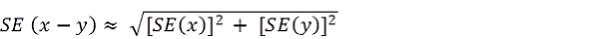 SE of (x minus y) approximately equals square root of [(SE of x) squared plus (SE of y) squared]