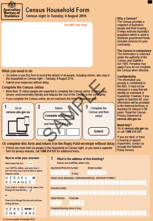 Image: front page of paper 2016 Census Household Form.