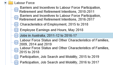 Image: Tabulation guidance: Selecting the Jobs in Australia dataset from the Labour Force category.