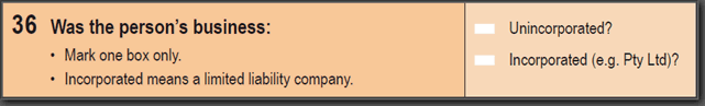 Image: 2016 Household Paper Form - Question 36. Was the person's business: