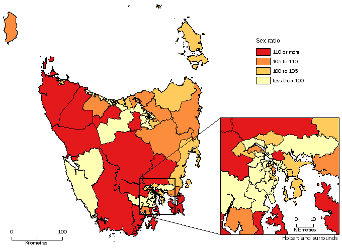 Diagram: MALES PER 100 FEMALES, Statistical Areas Level 2, Tasmania - 30 June 2014