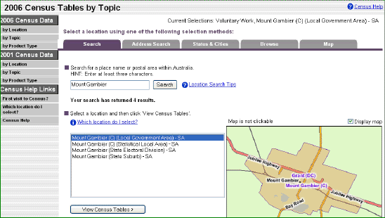 screenshot: 2006 Census Tables by Topic