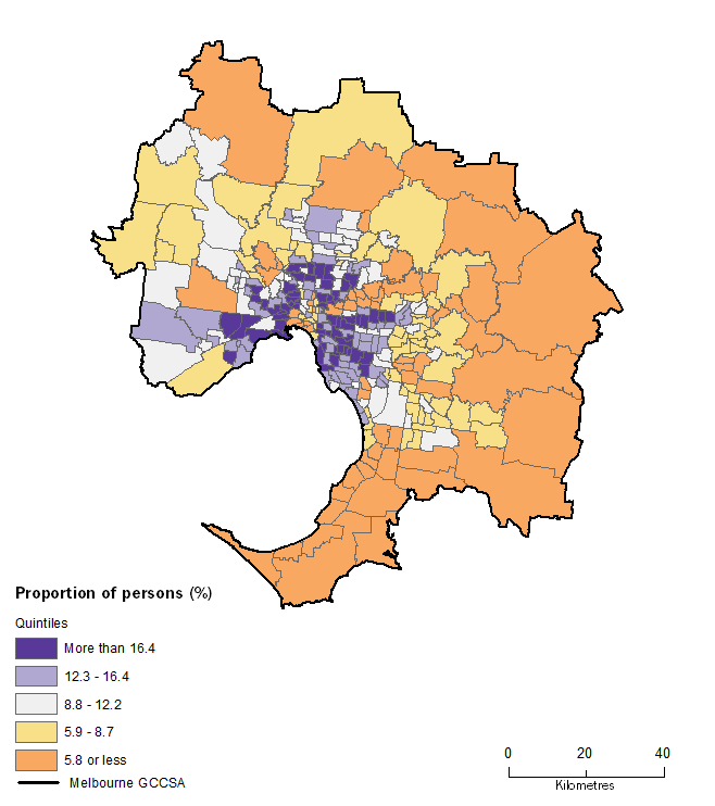 Image: A map showing the proportion of people who caught the train to work in Greater Melbourne SA2s. 