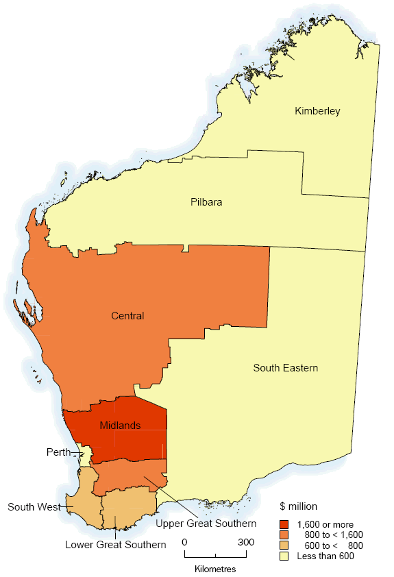 Map of gross value of agricultural production, Year ending 30 June 2006, by Statistical Division, Western Australia