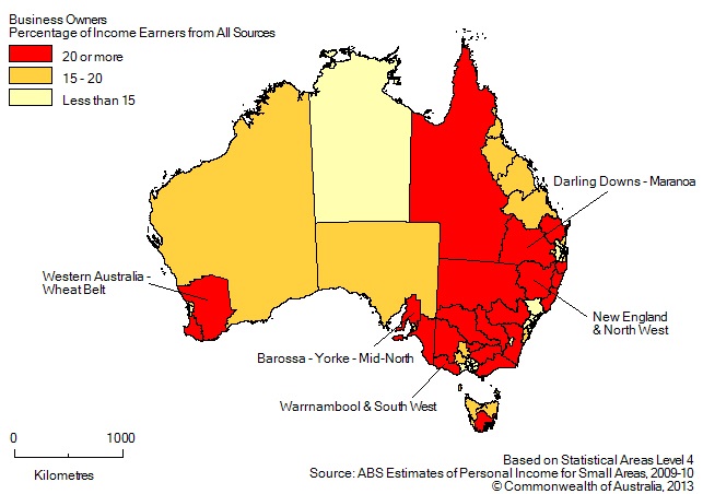 Map: BUSINESS OWNERS(a), Percentage of income earners by SA4 - 2009-10