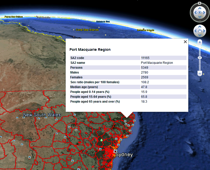 Screen capture of Google Earth map showing information window for one area