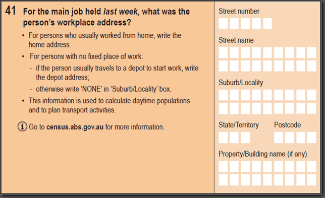 Image: 2016 Household Paper Form - Question 41. For the main job held last week, what was the person's workplace address?