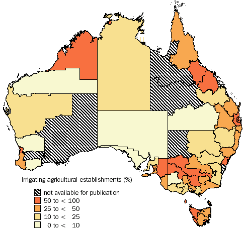 Map: Agricultural Establishments Irrigating, Percentage, By Statistical Division, 2002-2003