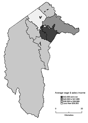 Map: Average Annual Wage and Salary Income, SSDs, Australian Capital Territory, 2000-01