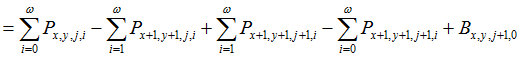 Equation: = Omega sum i=0 P x,y,j,i - Omega sum i=1 P x+1,y+1,j,i + Omega sum i=1 P x+1,y+1,j+1,i - Omega sum i=0 P x+1,y+1,j+1,i + B x,y,j+1,0