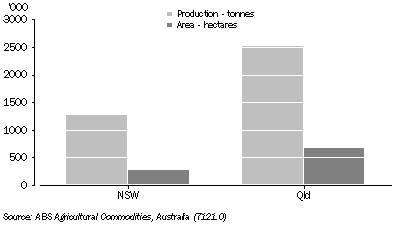 Graph: 16.21 grain sorghum production and area by state—2007-08