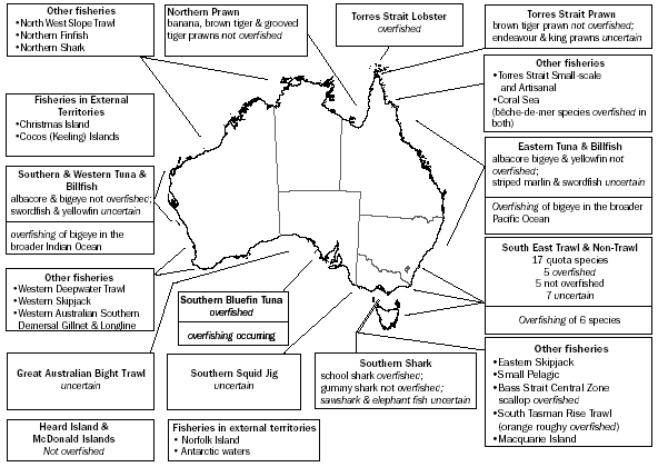 Map 15.12: STATUS OF COMMONWEALTH MANAGED OR JOINTLY MANAGED FISHERIES RESOURCES - 2004