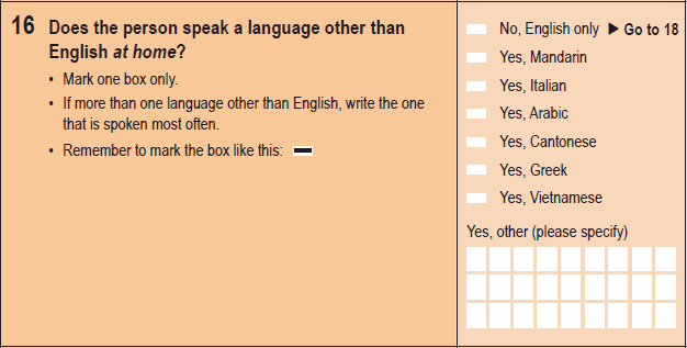 Image: question 16 on the paper 2016 Census Household Paper Form.