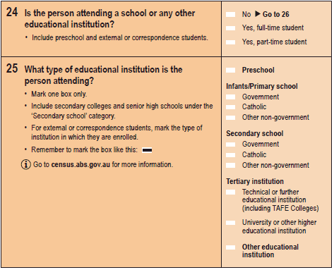 Image: questions 24 and 25 from the paper 2016 Census Household Form.