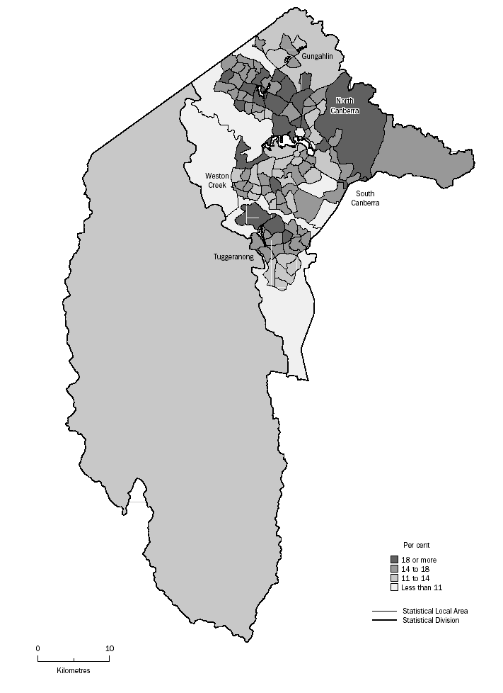 MAP: PROPORTION OF PERSONS AGED 15-24 YEARS BY SLA - AUSTRALIAN CAPITAL TERRITORY