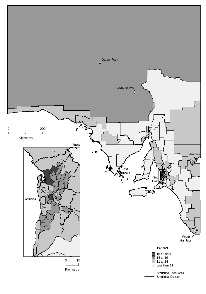 MAP: PROPORTION OF PERSONS AGED 15-24 YEARS BY SLA - SOUTH AUSTRALIA