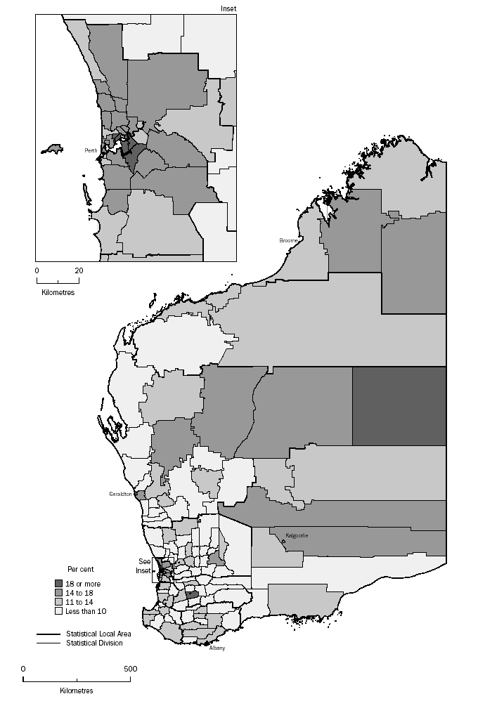 MAP: PROPORTION OF PERSONS AGED 15-24 YEARS BY SLA - WESTERN AUSTRALIA