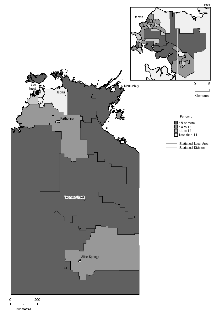 MAP: PROPORTION OF PERSONS AGED 15-24 YEARS BY SLA - NORTHERN TERRITORY