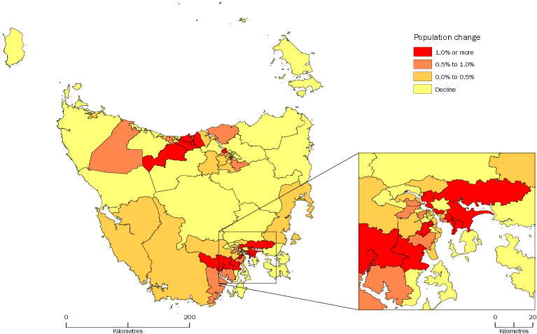 Diagram: POPULATION CHANGE BY SA2, Tasmania—2012–13