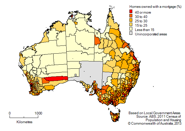 Map: Proportion of homes owned with a mortgage, by Local Government Area, Autralia, 2011