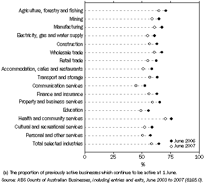 Graph: 15.9 2003-04 business entries, survival rate(a)—June 2006 and  June 2007