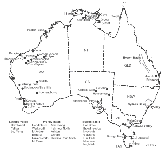 Map 16.27: SELECTED MINE SITES OF BAUXITE, COAL IRON ORE, MAGNESIUM ORE AND URANIUM - 2003