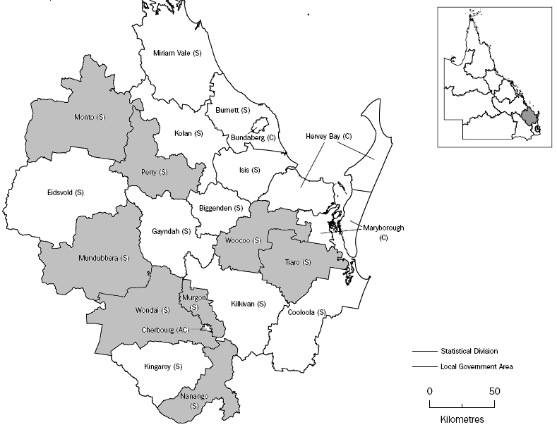 Map - Wide Bay-Burnett SD with alphabetical listing of LGAs of Monto to Woocoo highlighted