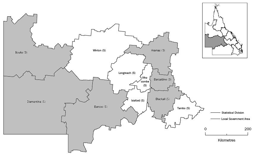 Map - Central West SD with alphabetical listing of LGAs of Aramac to Diamantina highlighted