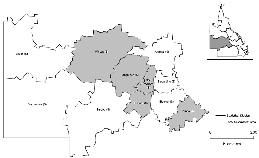 Map - Central West SD with alphabetical listing of LGAs of Ilfracombe to Winton highlighted