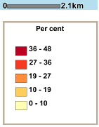 Scale and legend for map: Percentage home ownership for Census Collection Districts for the Hobart Local Government Area