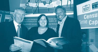 Previous Australian Statistician Dennis Trewin; Australian Idol winner Casey Donovan; and Ernie Dingo at the national census launch at the National Press Club in Canberra