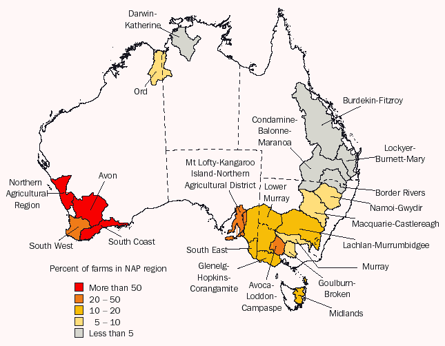 Map - 24.21 NAP regions, Proportion of farms affected by salinity - 2002