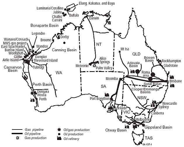 Map 16.29: LOCATIONS OF OIL AND GAS PRODUCTION AND PIPELINES - 2003