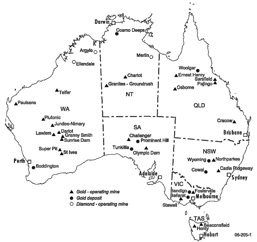 Map 16.23: SELECTED MINES AND DEPOSITS OF GOLD AND DIAMONDS - 2005