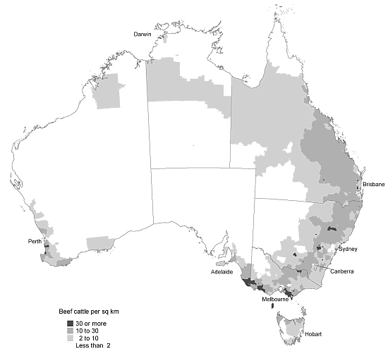 Map 14.33: BEEF CATTLE, Distribution - 30 June 2001(a)