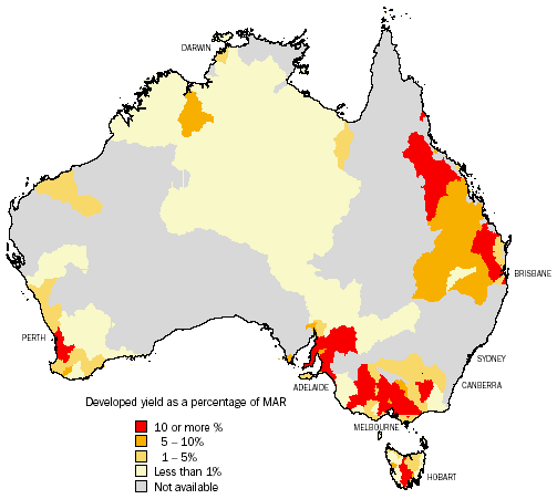 Map 24.10: SURFACE WATER, DEVELOPED YIELD, By river basin - 2000