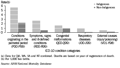 Graph: 9.7 Main causes of infant deaths, by Indigenous status, Qld, WA, SA and NT combined, 2001-2005