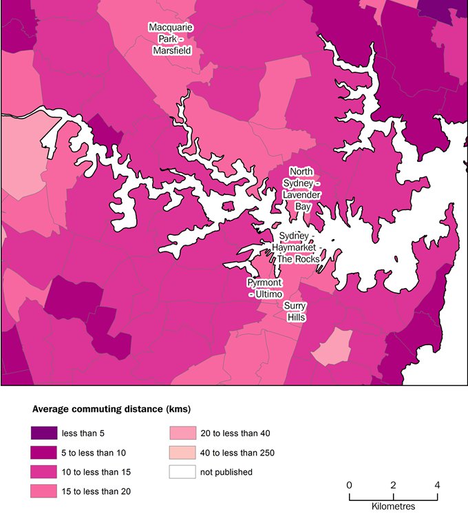 Karte mit der durchschnittlichen Pendelentfernung zum Arbeitsplatz in Sydney SA2s