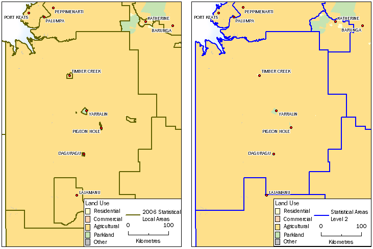 Image: Comparison of SA 2 boundaries for Northern Territory for 2006 and 2011.