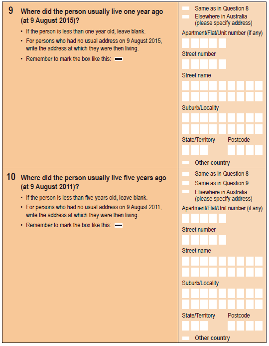 Image: questions 9 and 10 from the paper 2016 Census Household Form.