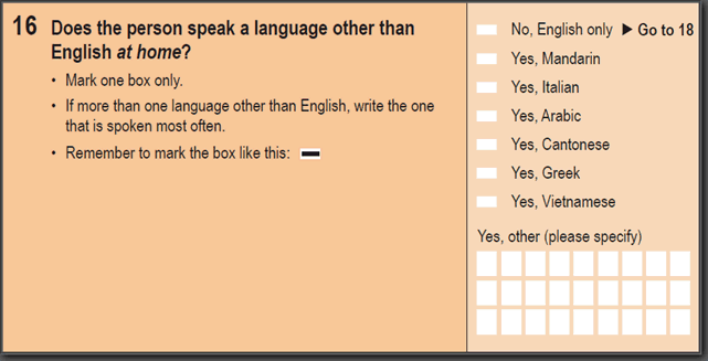 Image: 2016 Household Paper Form - Question 16. Does the person speak a language other than English at home?