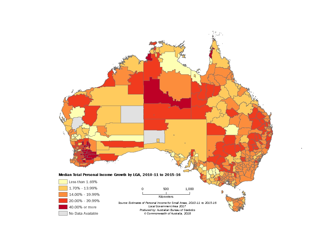 Map 2: Median total personal income growth rates by Local Government Area for 2010-11 to 2015-16
