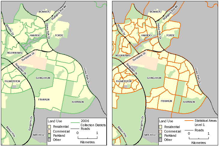 Image: Comparison of SA 1 boundaries for Gungahlin, ACT for 2006 and 2011.