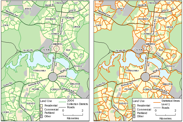 Image: Comparison SA 1 boundaries for water bodies, parks and administrative areas for ACT for 2006 and 2011.