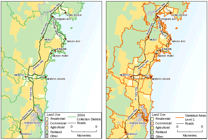 Image: Comparison of SA 1 boundaries for South Coast NSW for 2006 and 2011.