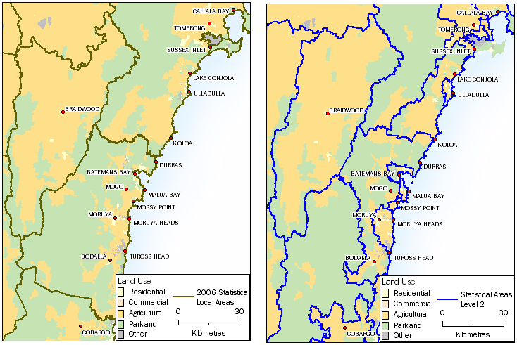 Image: Comparison of SA 2 boundaries for South Coast NSW for 2006 and 2011.