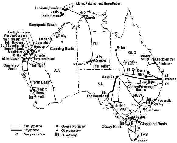 Map 16.26: LOCATIONS OF OIL AND GAS PRODUCTION AND PIPELINES - 2005