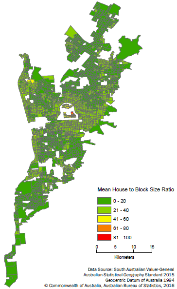 Pre 1990 Mean House to Block Size Ratio Adelaide